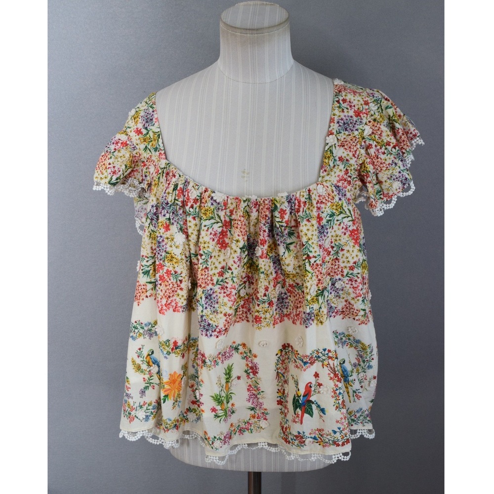 Farm Rio Delicate Forest Blouse Large Cream Floral Parrot Flutter Sleeve